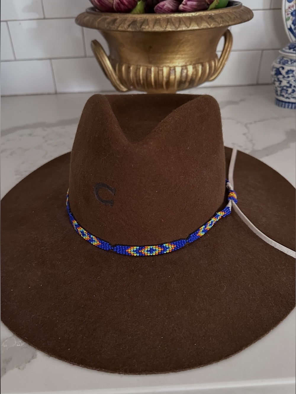 Charlie One Horse Brown Felt Western Hat with Blue Beaded Band
